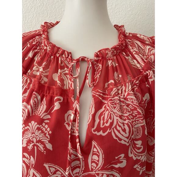 Evereve Top Women Blouse Pullover Floral Multicolor Tie Neck Shirt - Picture 2 of 12